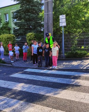 Zdjęcie przedstawia policjanta oraz dzieci przy przejściu dla pieszych.