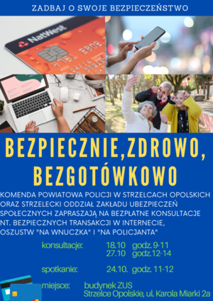 Zdjęcie przedstawia plakat nt. akcji &quot;Bezpiecznie, zdrowo, bezgotówkowo&quot;.