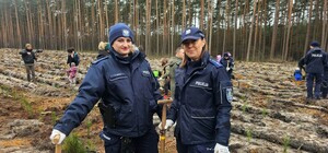 Zdjęcie przedstawia wydarzenie związane z jubileuszem 100-lecia dzielnicowych, którzy z tej okazji posadzili symboliczne 100 sadzonek w lesie.