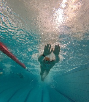 Zdjęcie przedstawia zawody pływackie.